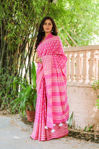 Pink Hand block Butti Print Mul Saree with Blouse Piece