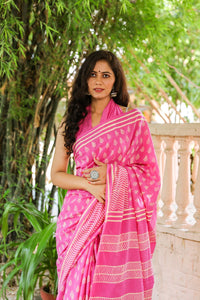 Pink Hand block Butti Print Mul Saree with Blouse Piece