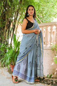 Grey Mugal Hand Block Butta Print Mul Saree with Blouse Piece