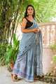 Grey Mugal Hand Block Butta Print Mul Saree with Blouse Piece