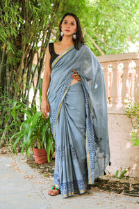 Grey Mugal Hand Block Butta Print Mul Saree with Blouse Piece
