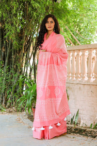 Pink Hand Block Butta Print Mul Saree with Blouse Piece