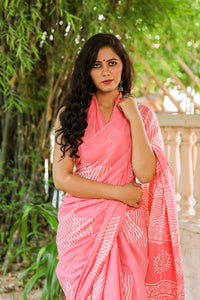 Pink Hand Block Butta Print Mul Saree with Blouse Piece