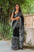 Black Leaf Block Butta Print Zari Border Linen Saree with Blouse Piece