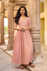 Red Sanganeri Block Butti Print Dress