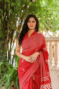 Red Hand Block Butta & Border Print Mul Saree with Blouse Piece