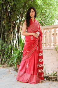 Red Hand Block Butta & Border Print Mul Saree with Blouse Piece
