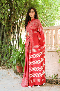 Red Hand Block Butta & Border Print Mul Saree with Blouse Piece