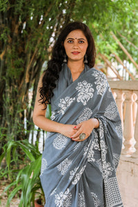 Grey & White Hand Block Print Mul Saree with Blouse Piece