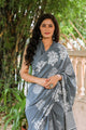 Grey & White Hand Block Print Mul Saree with Blouse Piece