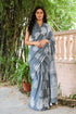 Grey & White Hand Block Print Mul Saree with Blouse Piece