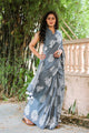Grey & White Hand Block Print Mul Saree with Blouse Piece