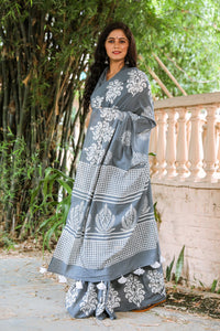 Grey & White Hand Block Print Mul Saree with Blouse Piece