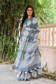 Grey & White Hand Block Print Mul Saree with Blouse Piece