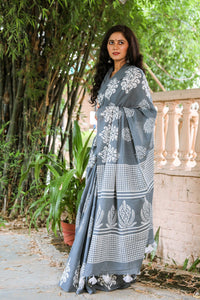 Grey & White Hand Block Print Mul Saree with Blouse Piece