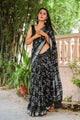 Black Floral Jaal Block Print Linen Saree with Blouse Piece