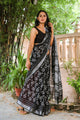 Black Floral Jaal Block Print Linen Saree with Blouse Piece