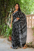 Black Floral Jaal Block Print Linen Saree with Blouse Piece