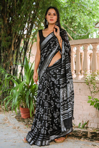 Black Floral Jaal Block Print Linen Saree with Blouse Piece