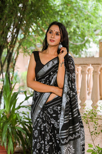 Black Floral Jaal Block Print Linen Saree with Blouse Piece