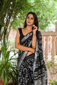 Black Floral Jaal Block Print Linen Saree with Blouse Piece