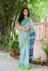 White & Green Block Butti Print Mul Saree with Blouse Piece