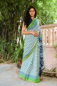 White & Green Block Butti Print Mul Saree with Blouse Piece