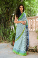 White & Green Block Butti Print Mul Saree with Blouse Piece