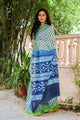 White & Green Block Butti Print Mul Saree with Blouse Piece