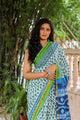 White & Green Block Butti Print Mul Saree with Blouse Piece
