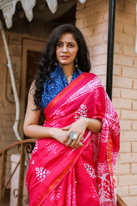 Pink Discharge Block Butta Print Mul Saree with Blouse Piece
