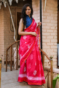 Pink Discharge Block Butta Print Mul Saree with Blouse Piece