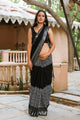 Black Geometric Block Border Print Linen Saree with Blouse Piece