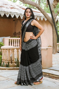 Black Geometric Block Border Print Linen Saree with Blouse Piece