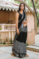 Black Geometric Block Border Print Linen Saree with Blouse Piece