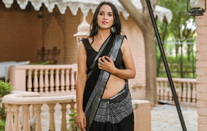 Black Geometric Block Border Print Linen Saree with Blouse Piece