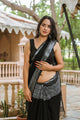Black Geometric Block Border Print Linen Saree with Blouse Piece