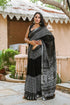 Black Geometric Block Border Print Linen Saree with Blouse Piece