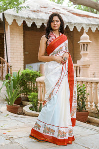 Ivory Elephant Block Border Print Mul Saree with Blouse Piece