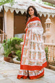 Ivory Elephant Block Border Print Mul Saree with Blouse Piece