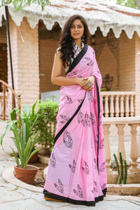 Pink Scissor Block Butta Print Mul Saree with Blouse Piece