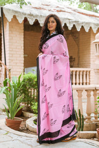 Pink Scissor Block Butta Print Mul Saree with Blouse Piece