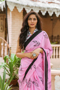 Pink Scissor Block Butta Print Mul Saree with Blouse Piece