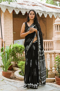 Black Leaf Pasely Block Butta Print Linen Saree with Blouse Piece