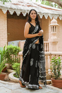 Black Leaf Pasely Block Butta Print Linen Saree with Blouse Piece
