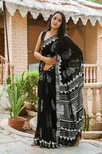 Black Leaf Pasely Block Butta Print Linen Saree with Blouse Piece