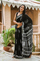 Black Leaf Pasely Block Butta Print Linen Saree with Blouse Piece