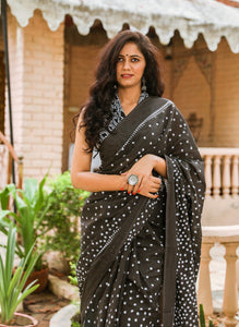 Brown Polka Dot Print Mul Saree with Blouse Piece