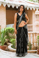 Black Dual Block Print Linen Saree with Blouse Piece