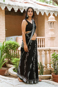 Black Dual Block Print Linen Saree with Blouse Piece